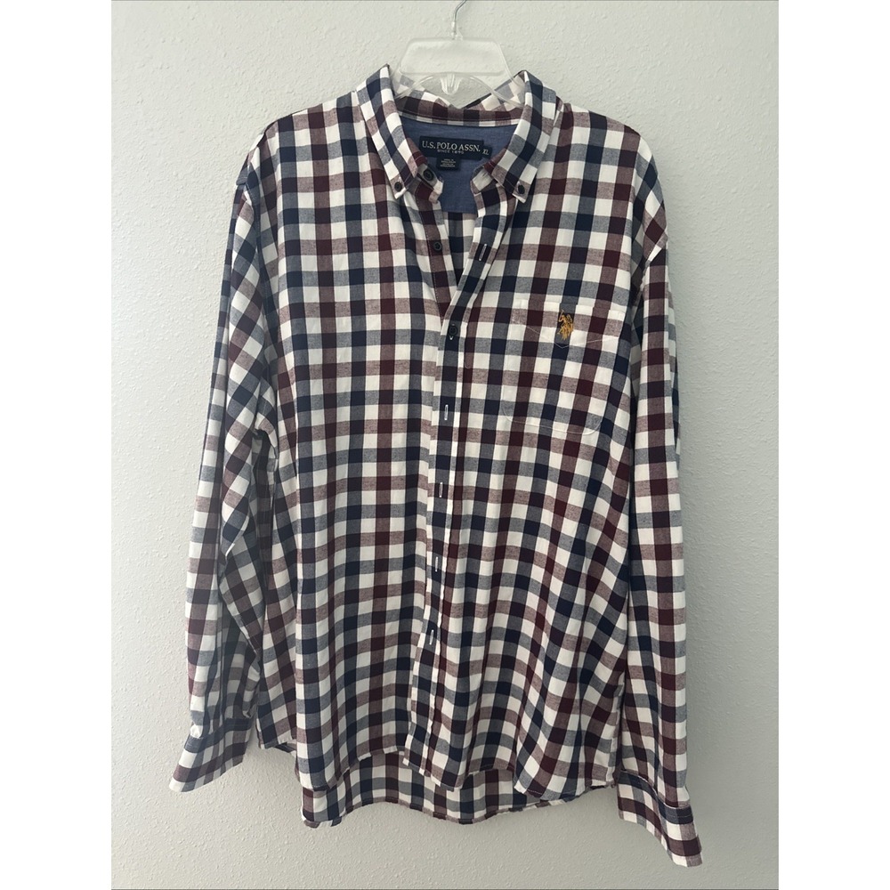 US Polo Assn Mens XL Plaid Button Down Shirt Navy Burgundy Stretch Long Sleeve